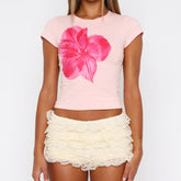 Printed short-sleeved belly-baring T-shirt